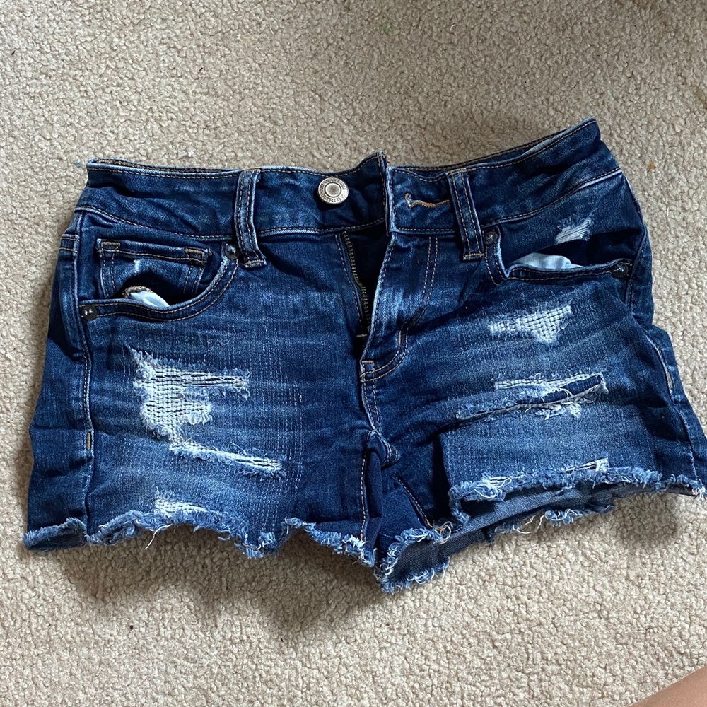 American Eagle Outfitters Dark Blue Distressed Jean Shorts